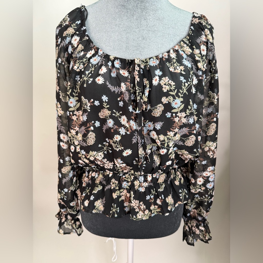 Love Tree Black Sheer Floral Peplum Blouse Medium Boho Tie Neck Top
